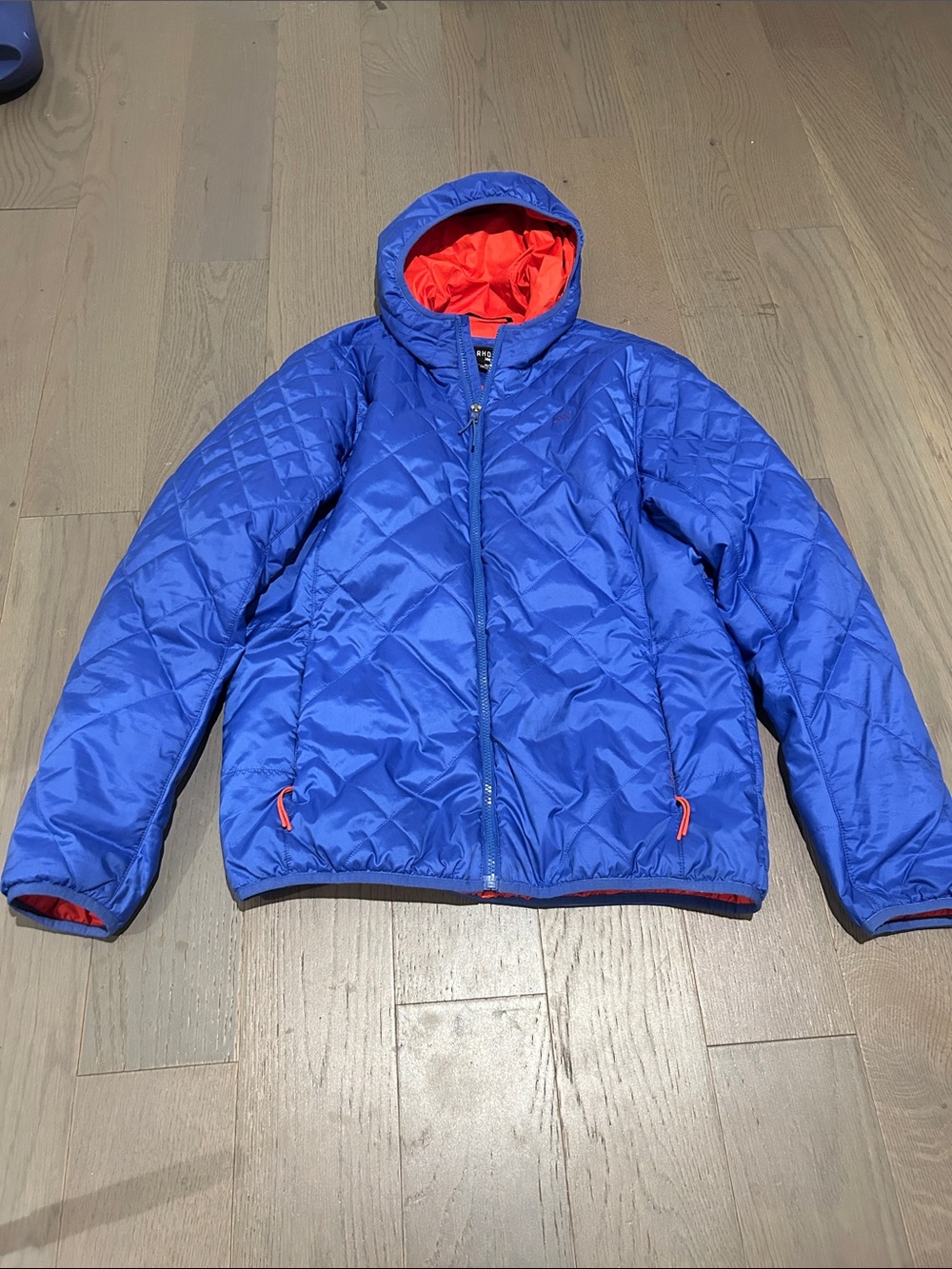 RHONE Blue Quilted Hooded Puffer with Red Lining